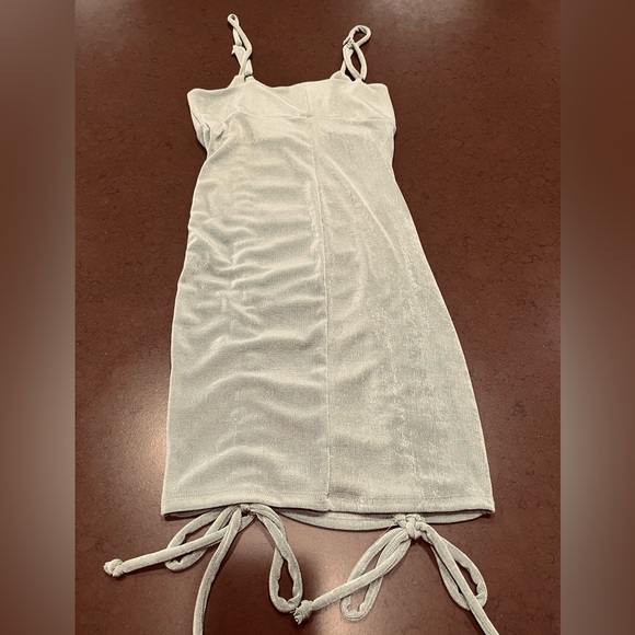 Sage Green Bodycon Mini Dress Rushed with Front Drawstrings Sz S - Picture 4 of 6